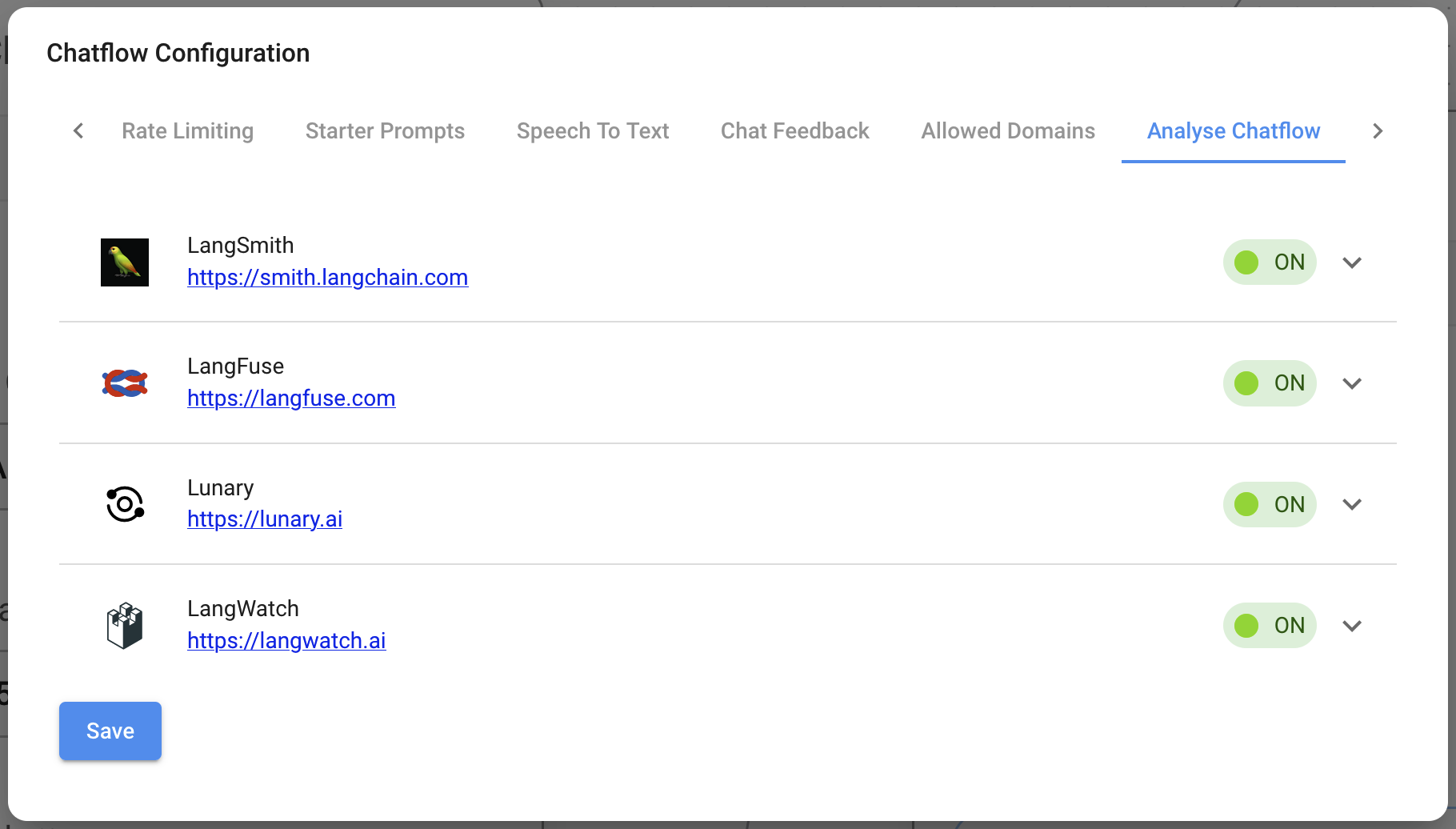 Captura de pantalla de proveedores de analítica habilitados