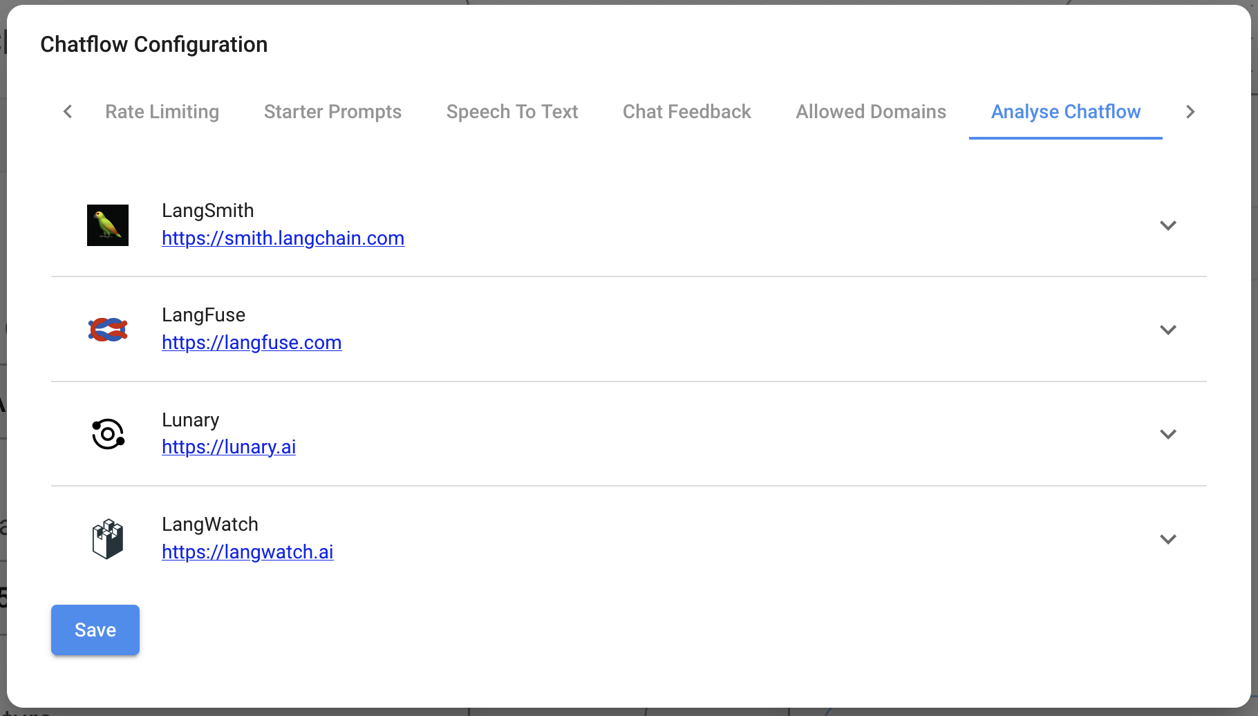 Captura de pantalla de la sección Analizar Flujo de Chat con los diferentes proveedores de Analítica